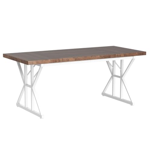 Tribesigns Farmhouse Dining Table for 6 People, 70.8-Inch Rectangular Wood Dining Table, Rustic Kitchen Table with Heavy Duty Metal Legs for Dining Room (Brown/White)
