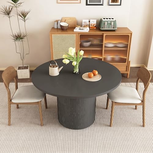 weselon Round Dining Table for 4, Modern Farmhouse Kitchen Table, 47 Inch Small Circle Dining Tables with Wood Strip Base for Kitchen Living Room (Black)