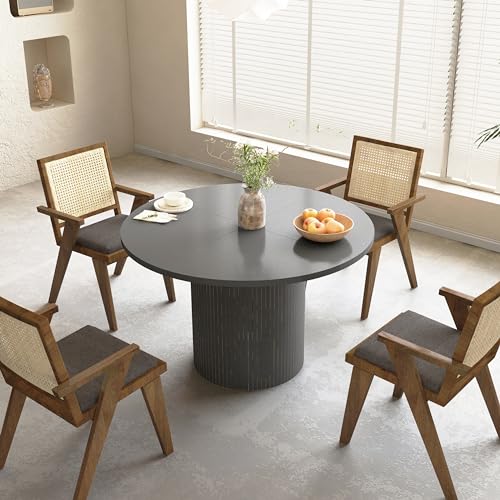 weselon Round Dining Table for 4, Modern Farmhouse Kitchen Table, 47 Inch Small Circle Dining Tables with Wood Strip Base for Kitchen Living Room (Black)