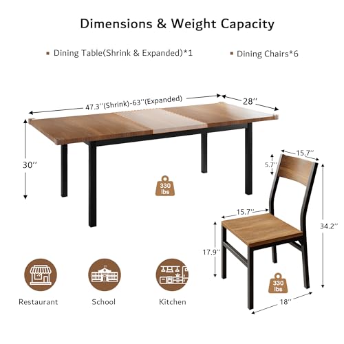 iPormis 7-Piece Dining Table Set with 6 Chairs, 63" Extendable Kitchen Table & Chairs Set for 4-6, Dining Room Table with Metal Frame & MDF Board, Perfect for Small Space, Easy Clean, Walnut
