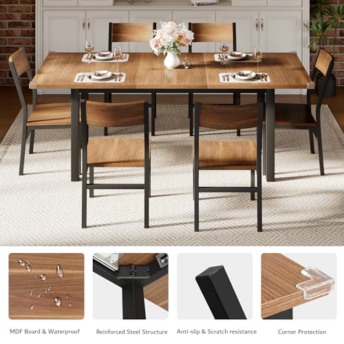iPormis 7-Piece Dining Table Set with 6 Chairs, 63" Extendable Kitchen Table & Chairs Set for 4-6, Dining Room Table with Metal Frame & MDF Board, Perfect for Small Space, Easy Clean, Walnut