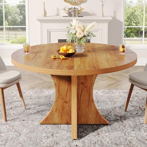 Tribesigns Round Dining Table for 4-6, 47.24-Inch Farmhouse Kitchen Table, Wood Dining Table with Pedestal Base, Small Dinner Table for Dining Room,Living Room, Small Space, Brown
