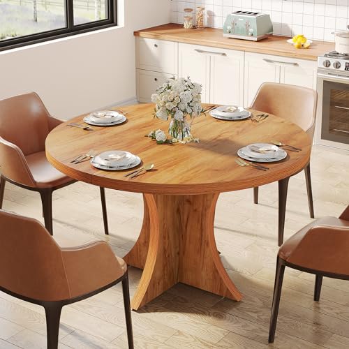 Tribesigns Round Dining Table for 4-6, 47.24-Inch Farmhouse Kitchen Table, Wood Dining Table with Pedestal Base, Small Dinner Table for Dining Room,Living Room, Small Space, Brown