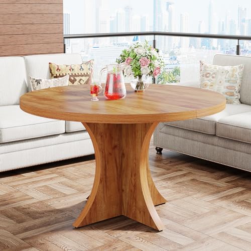 Tribesigns Round Dining Table for 4-6, 47.24-Inch Farmhouse Kitchen Table, Wood Dining Table with Pedestal Base, Small Dinner Table for Dining Room,Living Room, Small Space, Brown