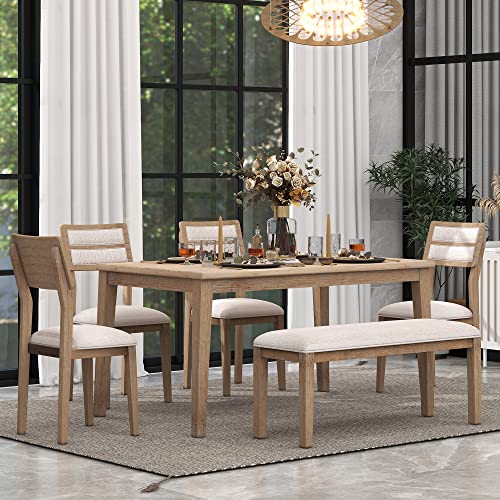Luxo Abode Classic and Traditional Style 6 Piece Dining Set, Includes 1 Table, 4 Upholstered Chairs & Bench, Easy to Assemble, for Living Room, Dining Room, Home Bar and Kitchen, Natural Wood Wash