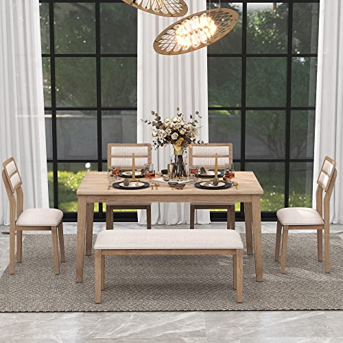 Luxo Abode Classic and Traditional Style 6 Piece Dining Set, Includes 1 Table, 4 Upholstered Chairs & Bench, Easy to Assemble, for Living Room, Dining Room, Home Bar and Kitchen, Natural Wood Wash