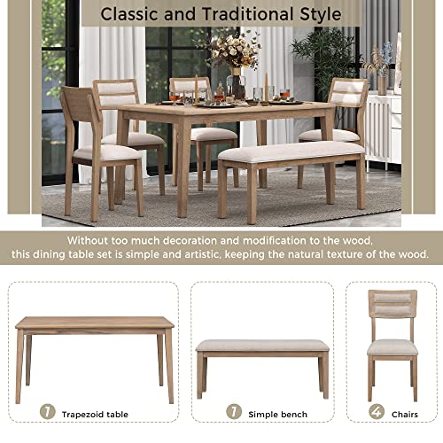 Luxo Abode Classic and Traditional Style 6 Piece Dining Set, Includes 1 Table, 4 Upholstered Chairs & Bench, Easy to Assemble, for Living Room, Dining Room, Home Bar and Kitchen, Natural Wood Wash