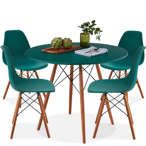 Best Choice Products 5-Piece Dining Set, Compact Mid-Century Modern Table & Chair Set for Home, Apartment w/ 4 Chairs, Plastic Seats, Wooden Legs, Metal Frame - Dark Green/Walnut