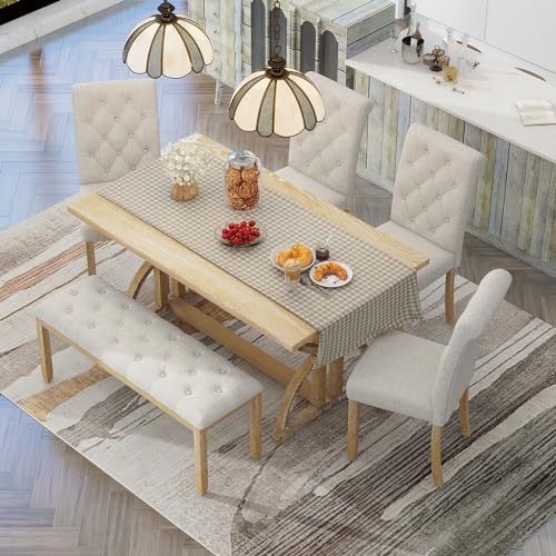 Merax 6 Pieces Wood Dining Table Set with Bench, Retro Rectangular Table with Unique Legs and 4 Upholstered Chairs & 1 Bench for Dining Room and Kitchen (Natural Wood Wash+Beige)