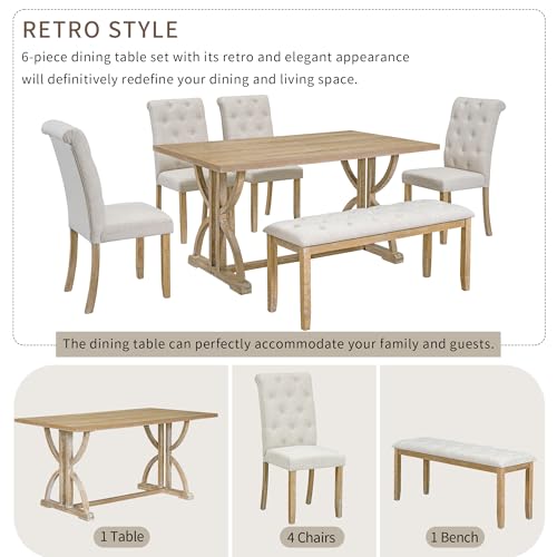 Merax 6 Pieces Wood Dining Table Set with Bench, Retro Rectangular Table with Unique Legs and 4 Upholstered Chairs & 1 Bench for Dining Room and Kitchen (Natural Wood Wash+Beige)