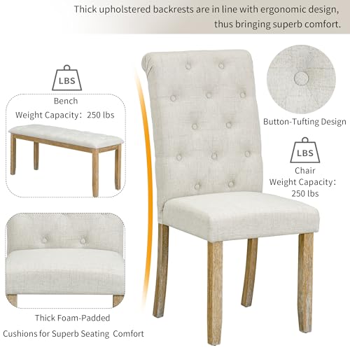 Merax 6 Pieces Wood Dining Table Set with Bench, Retro Rectangular Table with Unique Legs and 4 Upholstered Chairs & 1 Bench for Dining Room and Kitchen (Natural Wood Wash+Beige)