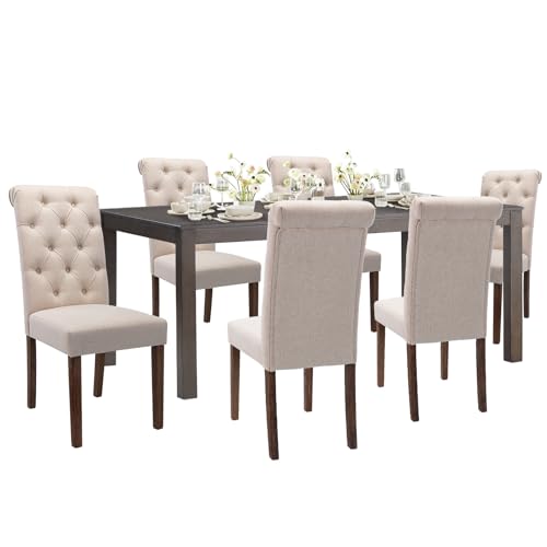 COLAMY 7-Piece Dining Table Set for 6, 60" Kitchen Wood Table with 6 Tufted Dining Room Chairs, Brown/Beige