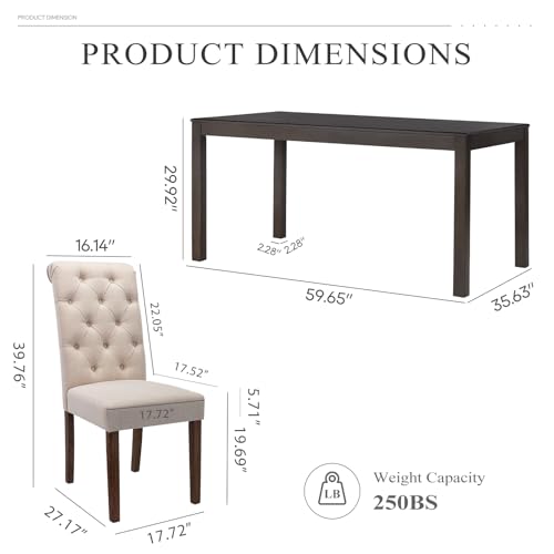 COLAMY 7-Piece Dining Table Set for 6, 60" Kitchen Wood Table with 6 Tufted Dining Room Chairs, Brown/Beige