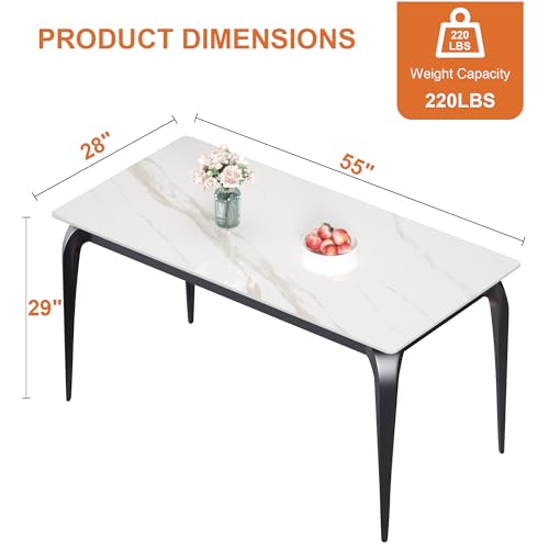 SVIOBY White Dining Table, Rectangular 55" Kitchen Table with Sintered Stone Marble Table Top and Metal Legs, Dinner Table for Home Office Living Room
