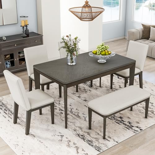 Luxo Abode Farmhouse Style 6 Piece Dining Room Table Set with Upholstered 4 Chairs and Bench, Rubber Wood Table w/Tapered Legs, Easy Assembly, for Kitchen, Dining Room, Beige+Grey