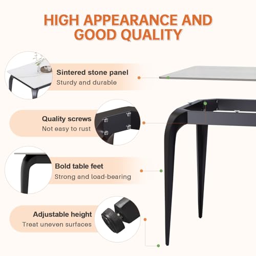 SVIOBY White Dining Table, Rectangular 55" Kitchen Table with Sintered Stone Marble Table Top and Metal Legs, Dinner Table for Home Office Living Room