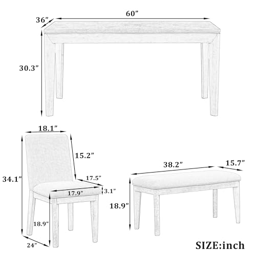Luxo Abode Farmhouse Style 6 Piece Dining Room Table Set with Upholstered 4 Chairs and Bench, Rubber Wood Table w/Tapered Legs, Easy Assembly, for Kitchen, Dining Room, Beige+Grey
