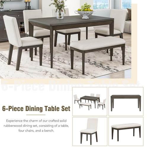 Luxo Abode Farmhouse Style 6 Piece Dining Room Table Set with Upholstered 4 Chairs and Bench, Rubber Wood Table w/Tapered Legs, Easy Assembly, for Kitchen, Dining Room, Beige+Grey