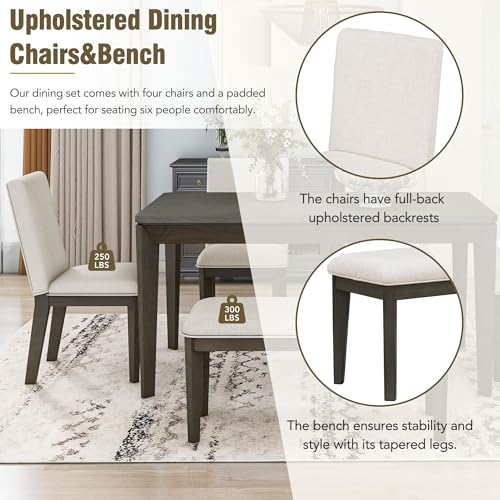 Luxo Abode Farmhouse Style 6 Piece Dining Room Table Set with Upholstered 4 Chairs and Bench, Rubber Wood Table w/Tapered Legs, Easy Assembly, for Kitchen, Dining Room, Beige+Grey