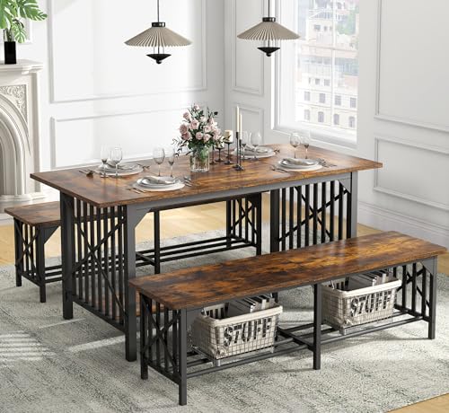DWVO 3-Piece Dining Table Set for 4-6 People, 63" Dining Room Table with 2 Benches, Industrial Rectangular Dining Room Table Set with Storage for Kitchen, Dining Room, Rustic Brown