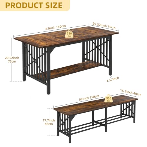 DWVO 3-Piece Dining Table Set for 4-6 People, 63" Dining Room Table with 2 Benches, Industrial Rectangular Dining Room Table Set with Storage for Kitchen, Dining Room, Rustic Brown