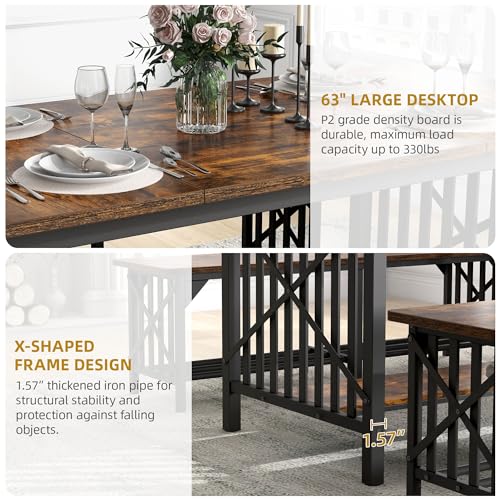 DWVO 3-Piece Dining Table Set for 4-6 People, 63" Dining Room Table with 2 Benches, Industrial Rectangular Dining Room Table Set with Storage for Kitchen, Dining Room, Rustic Brown