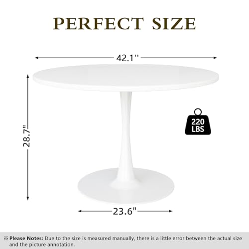LTTROMAT 42 Inch Round Dining Table, Pure White Tulip Dining Table Tulip Table W/0.71" Thickness & Metal Pedestal Base for 4 to 6 People, Modern Round Kitchen Table Leisure Table Circle Coffee Table