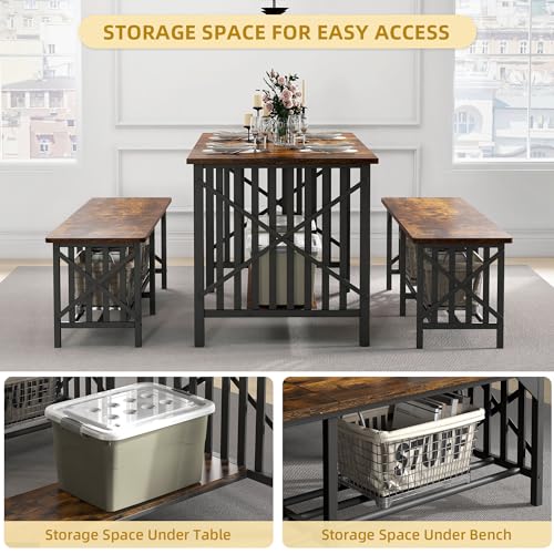 DWVO 3-Piece Dining Table Set for 4-6 People, 63" Dining Room Table with 2 Benches, Industrial Rectangular Dining Room Table Set with Storage for Kitchen, Dining Room, Rustic Brown