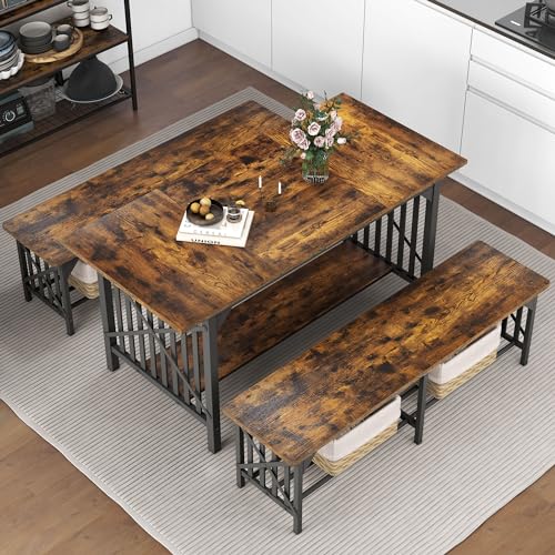 DWVO 3-Piece Dining Table Set for 4-6 People, 63" Dining Room Table with 2 Benches, Industrial Rectangular Dining Room Table Set with Storage for Kitchen, Dining Room, Rustic Brown
