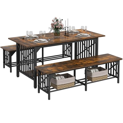 DWVO 3-Piece Dining Table Set for 4-6 People, 63" Dining Room Table with 2 Benches, Industrial Rectangular Dining Room Table Set with Storage for Kitchen, Dining Room, Rustic Brown