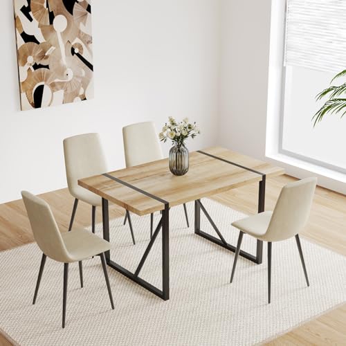 WIIS' IDEA Modern Dining Table Set for 4,Rectangular Solid Wood Dining Table for 4 People,Metal Base and Legs,Suitable for Living Room,Dining Room,Kitchen（55" Dining Table+4 Beige Dining Chairs）