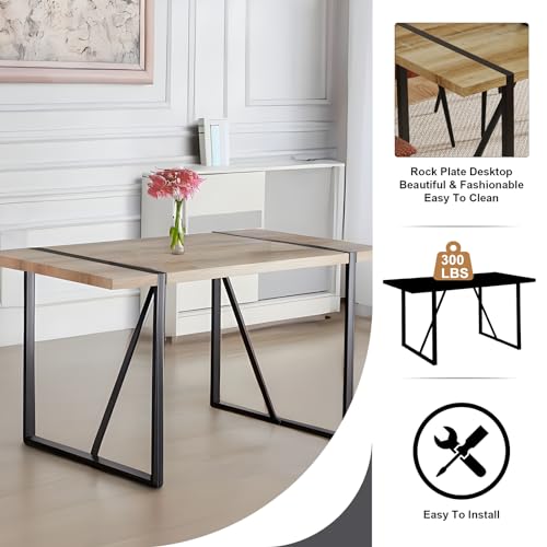 WIIS' IDEA Modern Dining Table Set for 4,Rectangular Solid Wood Dining Table for 4 People,Metal Base and Legs,Suitable for Living Room,Dining Room,Kitchen（55" Dining Table+4 Beige Dining Chairs）