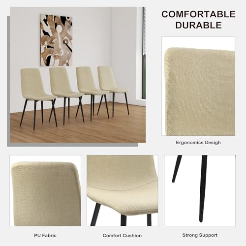 WIIS' IDEA Modern Dining Table Set for 4,Rectangular Solid Wood Dining Table for 4 People,Metal Base and Legs,Suitable for Living Room,Dining Room,Kitchen（55" Dining Table+4 Beige Dining Chairs）