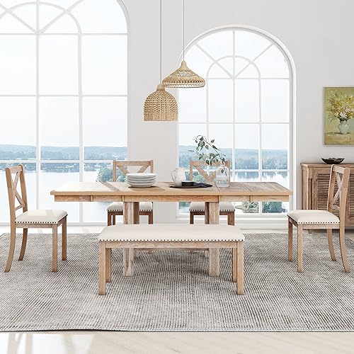 Luxo Abode Farmhouse Style Extendable Footrest, 4 Upholstered Chairs Bench, w/2 11" Removable Leaf, Room, Kitchen, 6 Piece Dining Table Set, Natural 39
