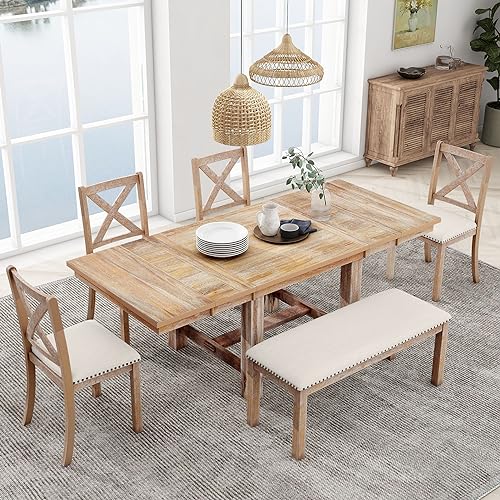 Luxo Abode Farmhouse Style Extendable Footrest, 4 Upholstered Chairs Bench, w/2 11" Removable Leaf, Room, Kitchen, 6 Piece Dining Table Set, Natural 39