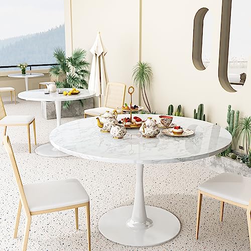 DKLGG White Marble Round Dining Table, 42.1" Tulip Table Kitchen Dining Table 4-6 People with MDF Table Top & Pedestal Base, Mid-Century End Table Leisure Coffee Table Office Living Room Table