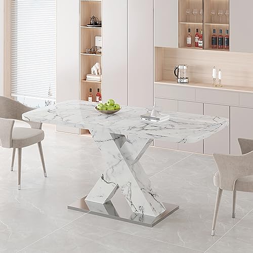 Lasadelgar Modern Dining Table, 47-63 Inch Rectangular Stretchable White Marble Printed MDF Table Top X-Shape Table Leg with Metal Base
