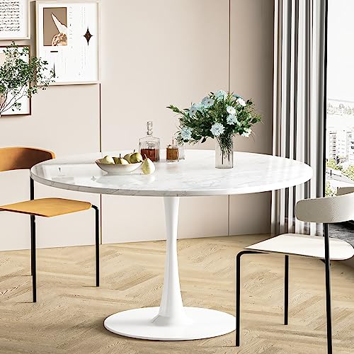 DKLGG White Marble Round Dining Table, 42.1" Tulip Table Kitchen Dining Table 4-6 People with MDF Table Top & Pedestal Base, Mid-Century End Table Leisure Coffee Table Office Living Room Table