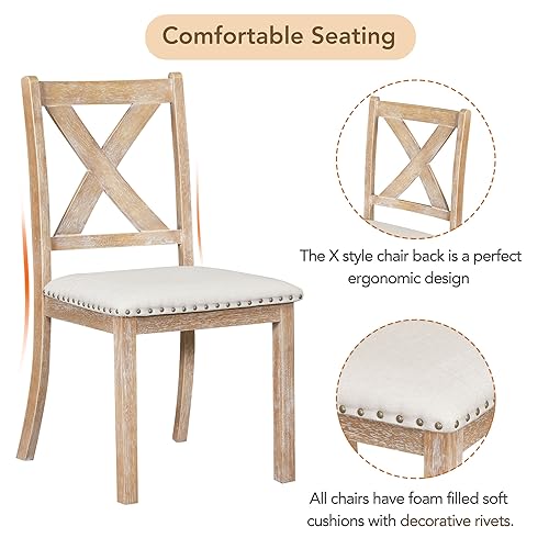 Luxo Abode Farmhouse Style Extendable Footrest, 4 Upholstered Chairs Bench, w/2 11" Removable Leaf, Room, Kitchen, 6 Piece Dining Table Set, Natural 39