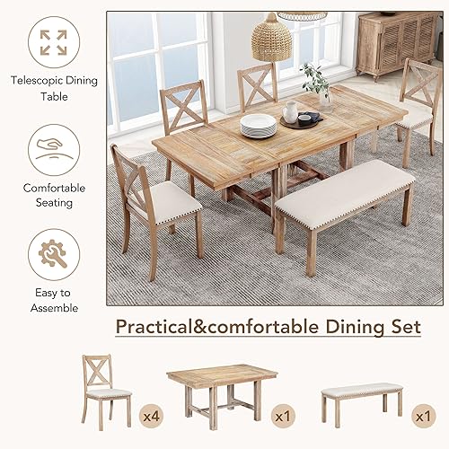 Luxo Abode Farmhouse Style Extendable Footrest, 4 Upholstered Chairs Bench, w/2 11" Removable Leaf, Room, Kitchen, 6 Piece Dining Table Set, Natural 39