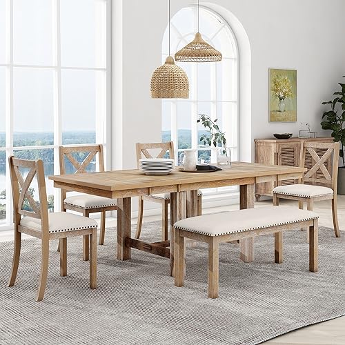 Luxo Abode Farmhouse Style Extendable Footrest, 4 Upholstered Chairs Bench, w/2 11" Removable Leaf, Room, Kitchen, 6 Piece Dining Table Set, Natural 39
