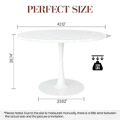 DKLGG White Marble Round Dining Table, 42.1" Tulip Table Kitchen Dining Table 4-6 People with MDF Table Top & Pedestal Base, Mid-Century End Table Leisure Coffee Table Office Living Room Table