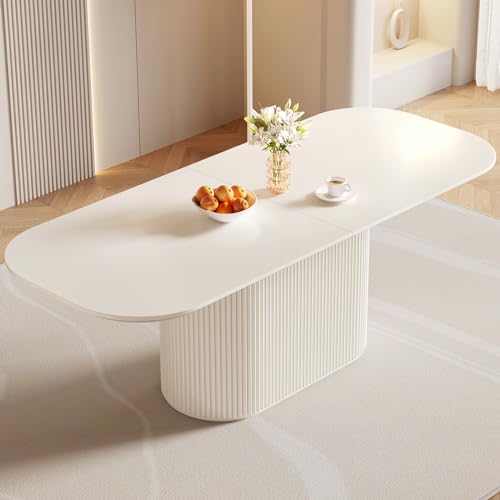 Guyii 86.61" Oval Dining Table, Modern Kitchen Table for 8 People, Indoor Rectangular Dining Room Table for Kitchen, Bar, Living Room, Home, Cream White, Table Only