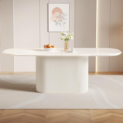 Guyii 86.61" Oval Dining Table, Modern Kitchen Table for 8 People, Indoor Rectangular Dining Room Table for Kitchen, Bar, Living Room, Home, Cream White, Table Only