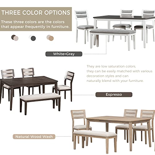 Harper & Bright Designs Kitchen Dining Table Set for 6, Classic and Traditional Style 6 - Piece Dining Set, Includes Dining Table, 4 Upholstered Chairs & Bench (Natural Wood Wash)