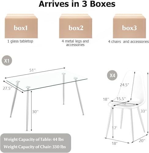 Tangkula Glass Dining Table Set for 4, Modern Kitchen Table and Chairs, Glass Dining Room Table Set for Small Living Room, Kitchen