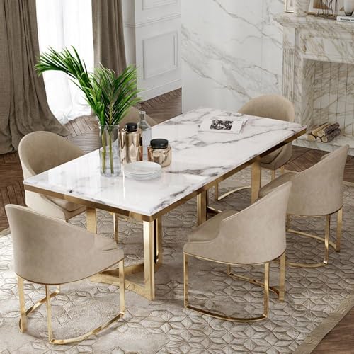 POVISON Marble Dining Table for 6, Modern Dining Room Table 71" for Kitchen & Dining Room, Luxury White Marble Table Top with Gold Trestle Pedestal(Dining Table Only)