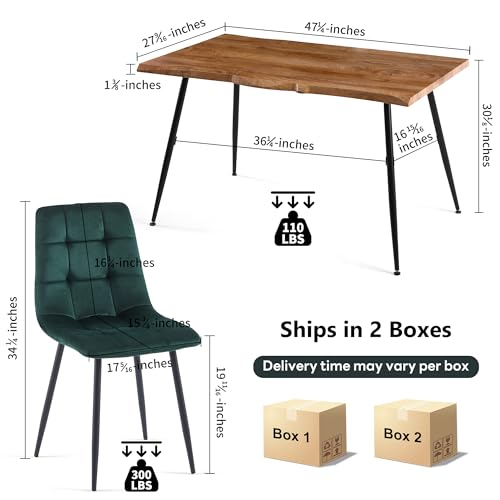 NORDICANA 5-Piece Dining Table Set, 47 in Modern Irregular Rectangle Kitchen Table & 4 Forest Green Velvet Upholstery Side Chairs, Metal Legs, Dining Room Set for 4