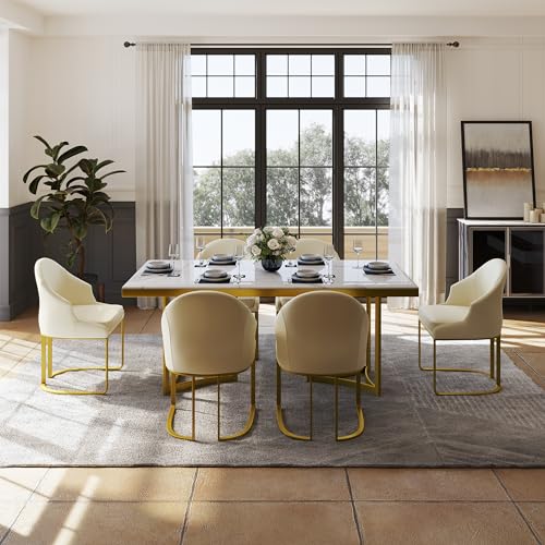 POVISON Marble Dining Table for 6, Modern Dining Room Table 71" for Kitchen & Dining Room, Luxury White Marble Table Top with Gold Trestle Pedestal(Dining Table Only)