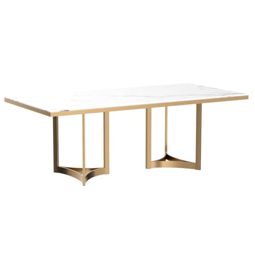 POVISON Marble Dining Table for 6, Modern Dining Room Table 71" for Kitchen & Dining Room, Luxury White Marble Table Top with Gold Trestle Pedestal(Dining Table Only)